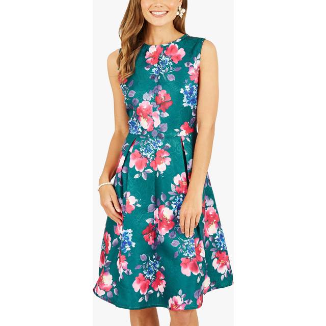 Yumi Womens Green Jacquard Winter Floral Skater Dress - Size 16 UK