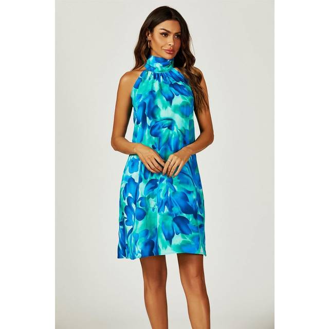 Fs Collection Abstract Floral Print Halter Neck Tie Back Mini Dress In Blue