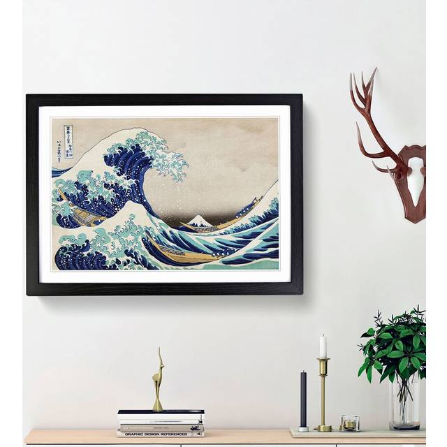 The Great Wave Off Kanagawa by Katsushika Hokusai - Picture Frame Painting Print on MDF - Black Framed (27cm H x 36cm W x 2cm D)
