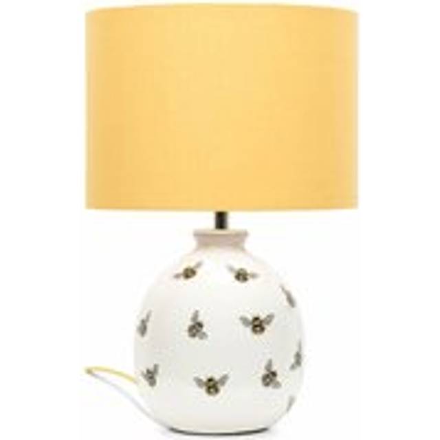 Bumble Bee Ceramic Bedside Table Lamp with a Yellow Fabric Lampshade - Bulb Included