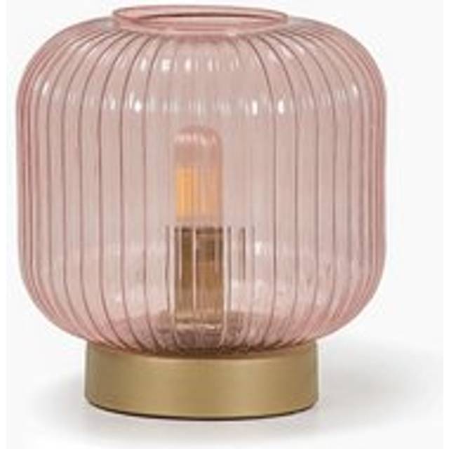 Blush Pink Ribbed Glass Portable Cordless Battery Table Lamp Light