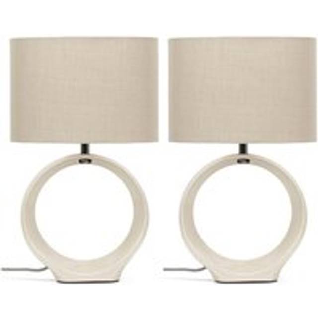 Tia Pair of Natural Hoop Ceramic Bedside Table Lamps with a Fabric Lampshade Living Room Light