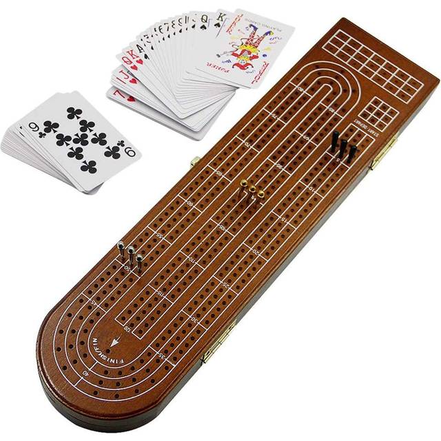Juegoal Wood Cribbage Board Game Set 3 Tracks with Metal Pegs  Cards  Storage Area
