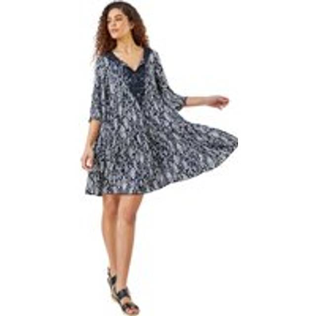 Aztec Print Lace Detail Smock Dress - Black - Size 18 - Roman