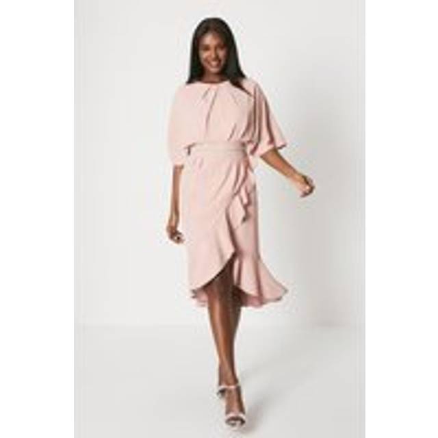 Crepe Frill Wrap Dress With Pearl Waist - Pink - 8