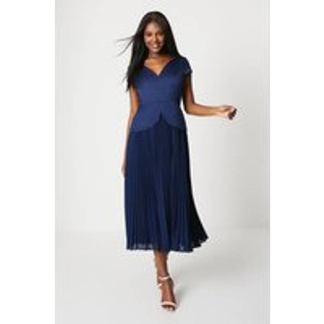 Pleated Skirt Overlay Bodice Midi Dress - Navy - 10