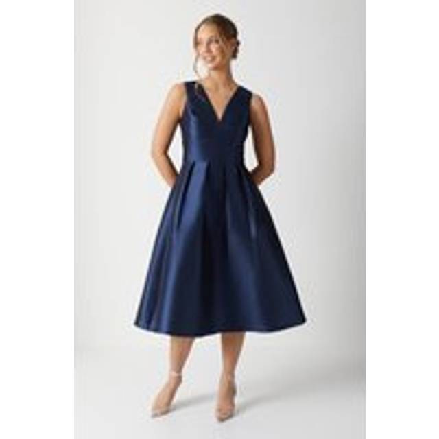 Plunge Neck Structured Twill Midi Bridesmaid Dress - Navy - 12