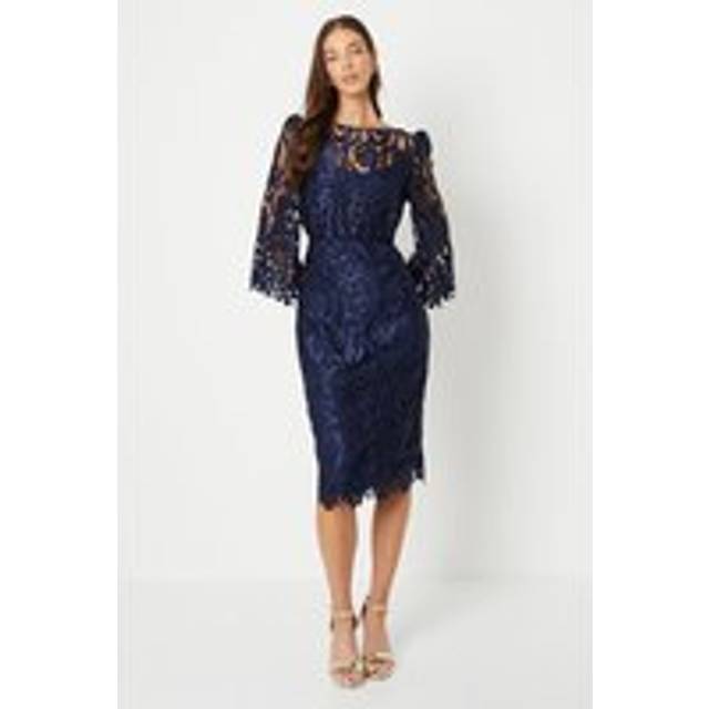 Coast womens midi dress navy satin floral lace boat neck fluted sleeves