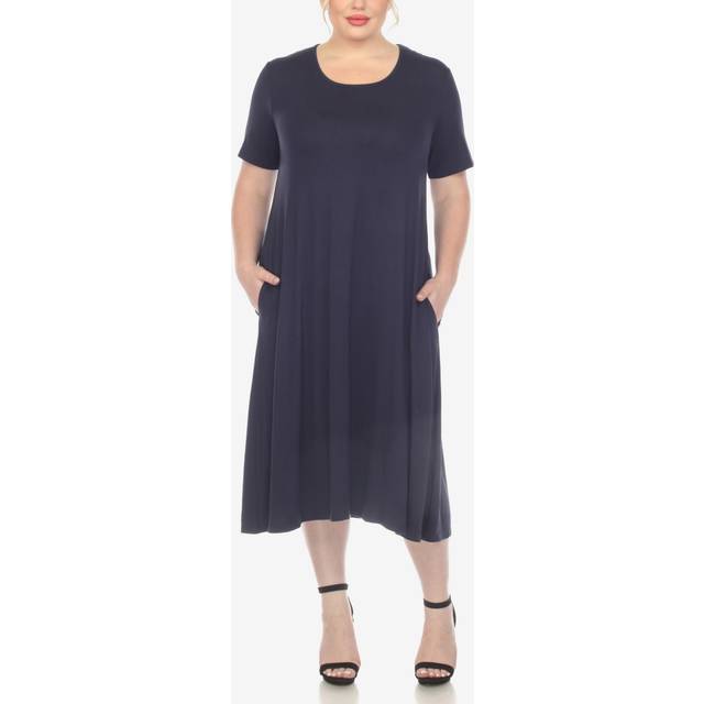 White Mark PS3306-02-3X Navy Plus Size Short Sleeve Pocket Swing Midi Dress - 3X