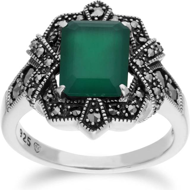 Art Deco Style Baguette Green Chalcedony & Marcasite Ring in 925 Sterling Silver