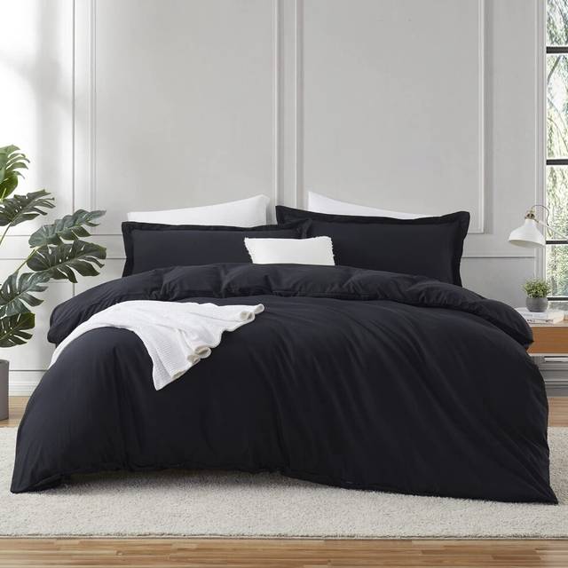 Hearth & Harbor Black Duvet Cover Queen Size - 3 Piece Queen Duvet Cover Set  Soft Double Brushed Queen Size Duvet Covers with Button Closure  1 Duvet