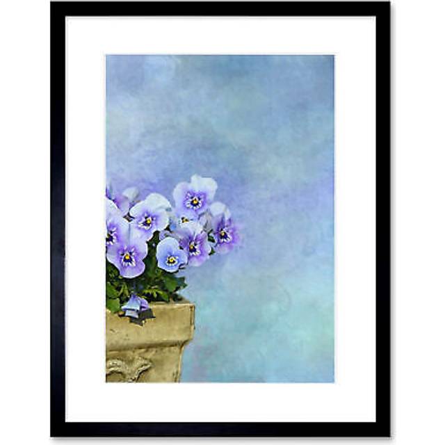 Wall Art Print Purple Pansy Flowers Painting Framed - Black - W7 inch x H9 inch