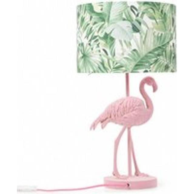 Pink Velvet Flamingo Bedside Table Lamp with Tropical Palm Leaf Drum Lampshade Animal Light