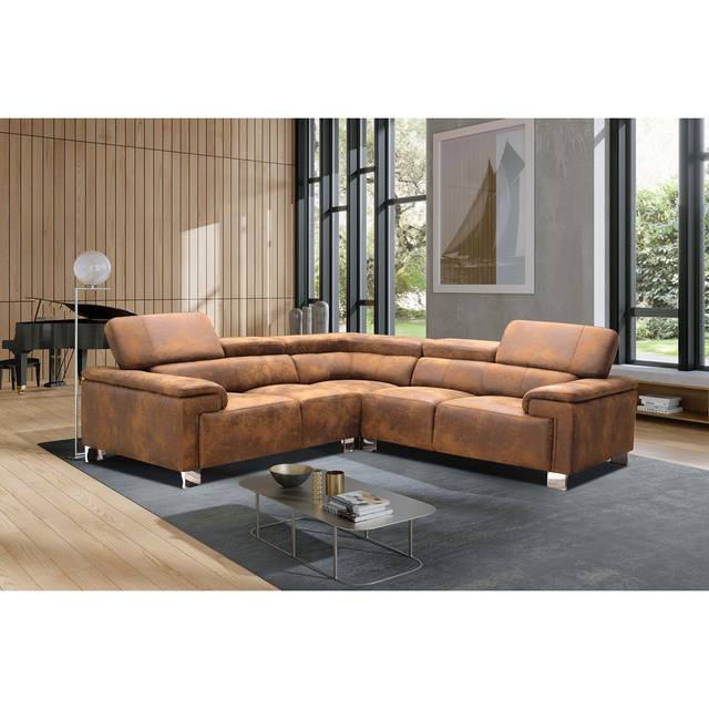 Calysta Leather Air Suede Look Corner Sofa with Adjustable Headrests - Brown (93cm H X 249cm W X 249cm D)