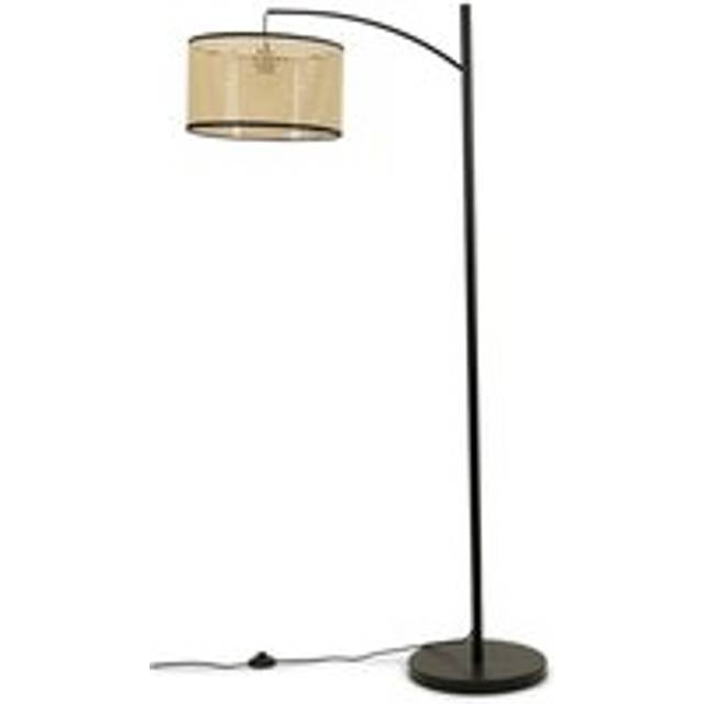 Black Metal Curve Standing Floor Lamp and Cane Rattan Trim Shade + LED