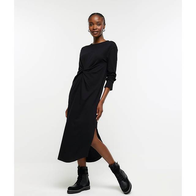 River Island Womens Black Knot Long Sleeve T-Shirt Midi Dress - 8