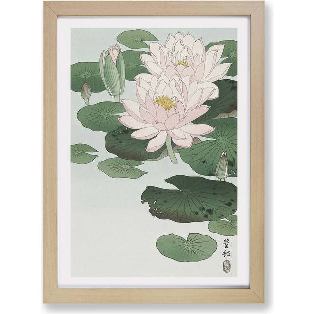 Pink Water Lilies by Ohara Koson - Picture Frame Painting Print on Paper - Oak (33cm H x 45cm W x 2cm D)