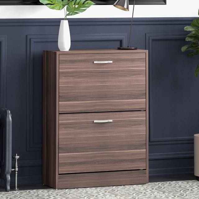 8 Pair Flip Down Shoe Storage Cabinet Organiser Hallway Furniture - Walnut (8)