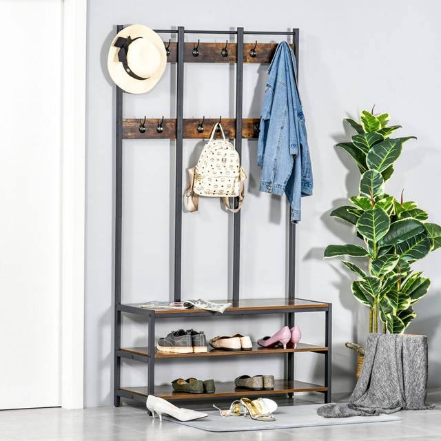 Alance Hall Tree with Bench and Shoe Storage - Black;Brown (184cm H X 100cm W X 40cm D)