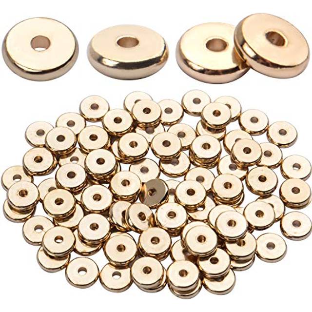 100pcs 8mm Flat Round Rondelle Spacer Beads Disc Spacers Loose Beads Jewelry Metal Spacers for DIY Bracelet Necklace Crafts Gold