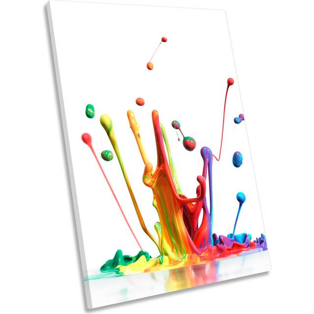 Rainbow Paint Splash Framed CANVAS WALL ART Print Picture - White;Multi-Coloured (18cm H x 12cm W x 2cm D)