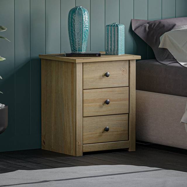 Brambly Cottage Somers 3 Drawer Solid Wood Bedside Table, Bedroom Storage Cabinet Natural Wood 47cm H X 46cm W X 40cm D