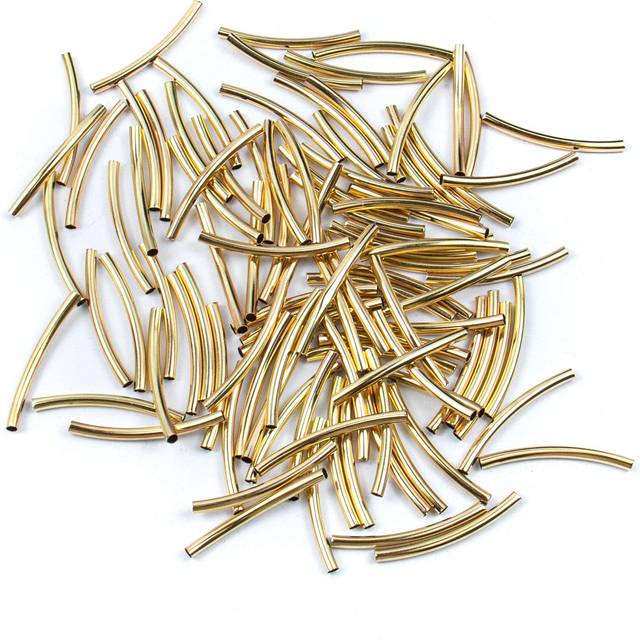 AUEAR  100 Pack Plated Metal Long Curved Noodle Tube Spacer Beads 3x50mm for DIY Bracelet Necklace Jewelry Making (Gold)