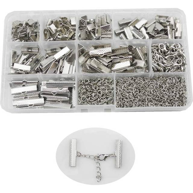 INSPIRELLE 100 Sets Assorted Size Rhodium Ends for Ribbon Bracelet Bookmark Making Crimps Kit with Lobster Clasps and Chain Extenders