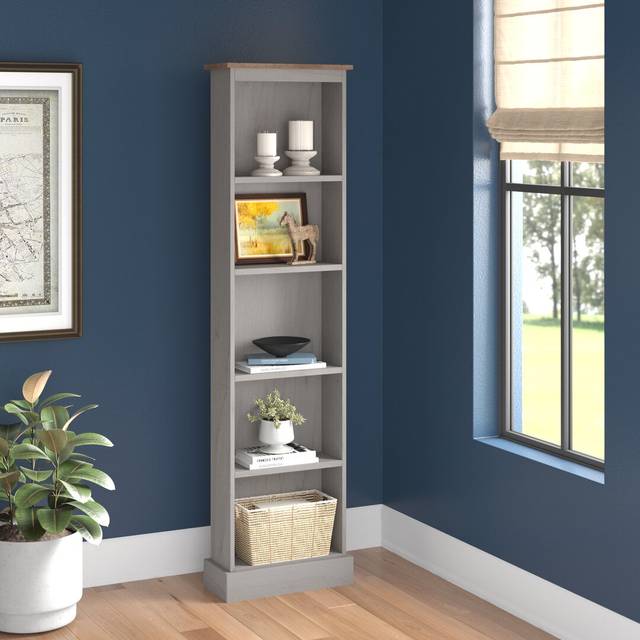 Whiffletree Tall Narrow 5 Shelf Bookcase, Grey and Antique Wax Finish, Corona Design (171.6cm H X 46cm W X 20cm D)