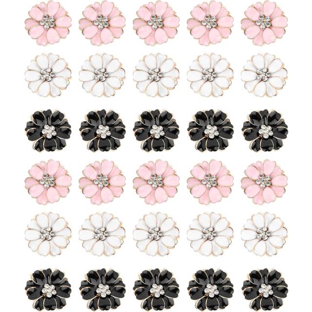AUEAR  30 Pack Buttons Enamel Flower Sewing Button Metal Crystal Rhinestone Flat Back Beads Embellishments Without Hole for Clothing Jewelry Making Cr