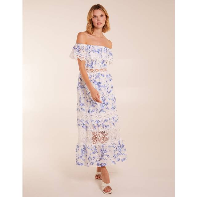 (BLUE, 14) Bardot Neck Lace Maxi Dress
