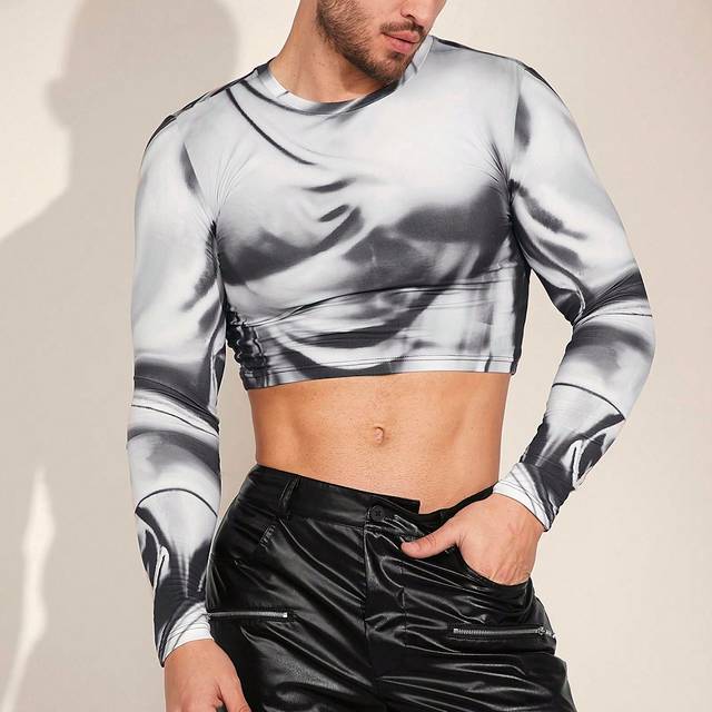 FeverCity Men&#39;s Knitted Print Casual Crop Top T-Shirt