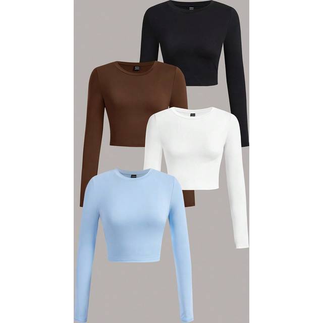 SHEIN 4pcs Women&#39;s Casual Solid Color Crew Neck Long Sleeve Tight Fit T-Shirts, Suitable For Spring And Autumn