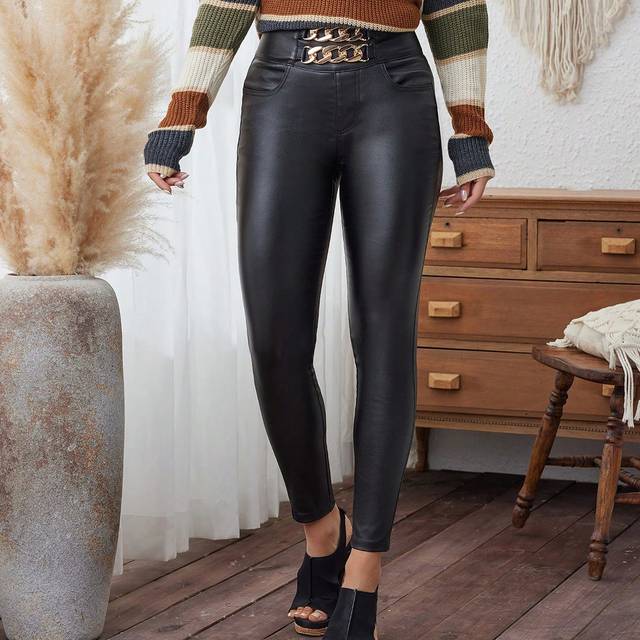 SHEIN Women Fashion Slim Chain Decorated Solid Color Long Trousers