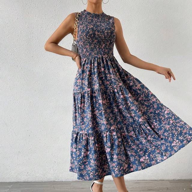 Blommig tryckt panelad ärmlös A-line klänning Maxi kvinnor outfit - Blå (L,M,S,XL)
