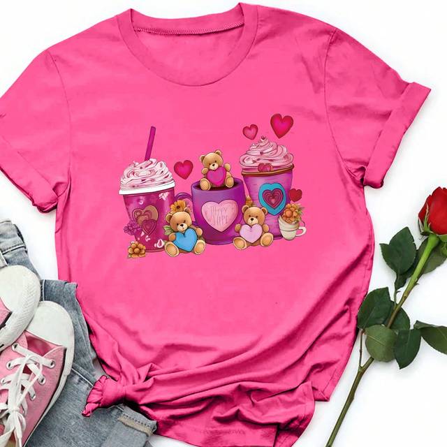 INAWLY Heart & Cartoon Bear Shaped Drink Printed Round Neck Short Sleeve T-Shirt, Suitable For Valentine&#39;s Day