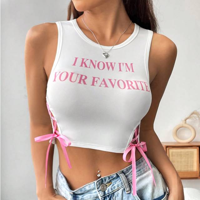 Kvinnors slogan Grafisk linne med snörning på sidan JAG VET JAG ÄR DIN FAVORITT Grafiska T-shirts Damtoppar - Vitt (L,M,S,XL,XS)