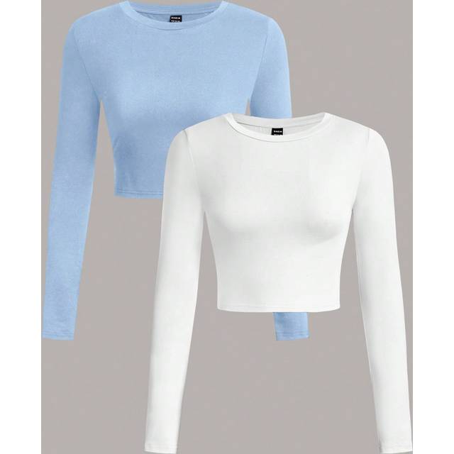 SHEIN 2pcs Casual Plain Crop Round Neck Long Sleeve Fitted Women&#39;s T-Shirt, Suitable For Spring/Autumn