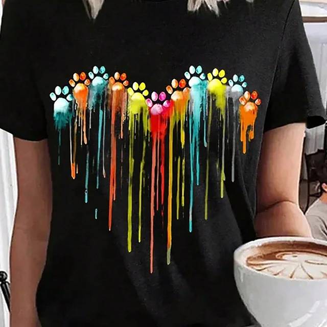 INAWLY Heart & Dog Paw Print Round Neck Short Sleeved T-Shirt For Casual Occasions Graphic Tees Women Tops