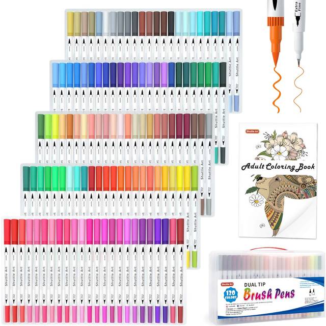 Shuttle Art 120 Colours Brush Pens Set with 1 Colouring Book, Fineliner and Dual Tip Brush Marker for Kids Adult Calligraphy Lettering Journal