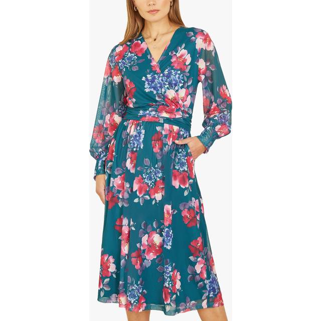 Yumi Womens Green Floral Print Stretch Mesh Dress With Pockets - Size 10 UK