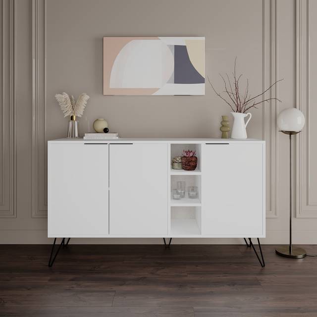Jaycee 142 Cm Wide Sideboard | Stylish Storage Cabinet with Metal Hairpin Legs - White (83cm H X 142cm W X 35.6cm D)