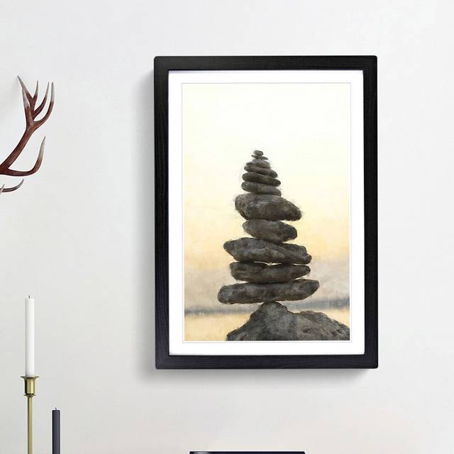 Balancing Zen Stones - Picture Frame Painting Print - Black Framed (63cm H x 45cm W x 2cm D)