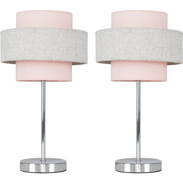 Weaver Pair of - Chrome Touch Bedside Table Lamps with Pink & Grey Herringbone Shade - with 5w LED Bulbs In Warm White