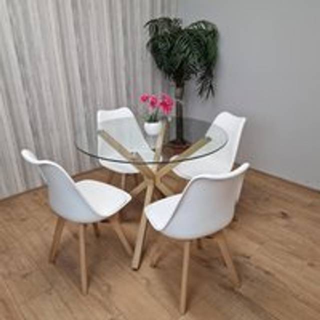 Portland 4 Seater Round Dining Table Set Oak Effect and White - Clear