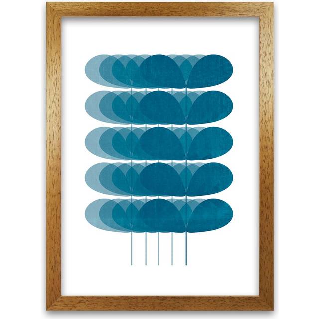 Scandinavian Turquoise Leaves Original - Graphic Art Print on Paper - Oak Frame (42cm H x 30cm W x 3cm D)