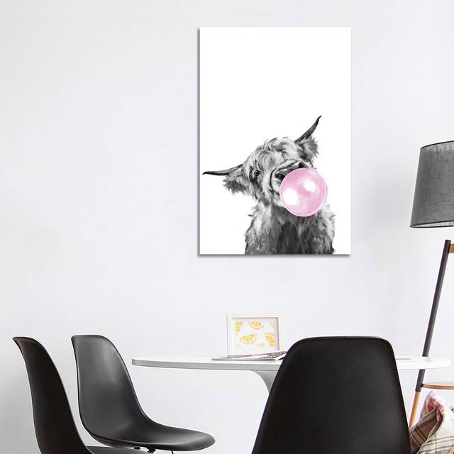 Highland Cow Blowing Bubble Gum in Black and White by Big Nose Work - Wrapped Canvas Graphic Art Print (101.6 cm H x 66.04 cm W x 3.175 cm D)