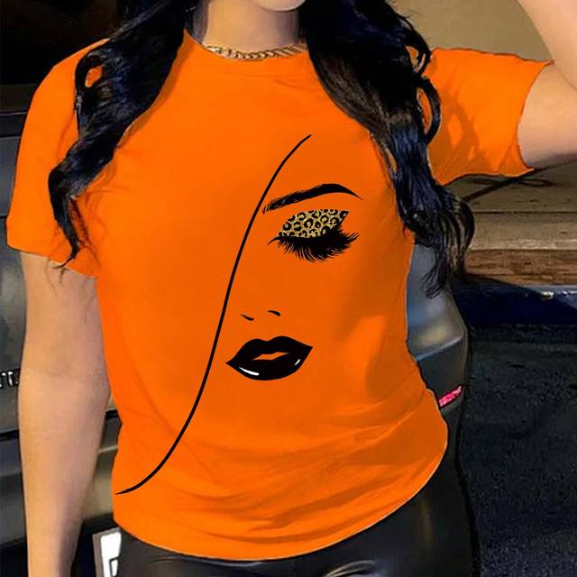 Kortärmad T-shirt för kvinnor med grafiska t-shirts med mänskligt ansiktsmönster - Orange (L,M,S,XS)