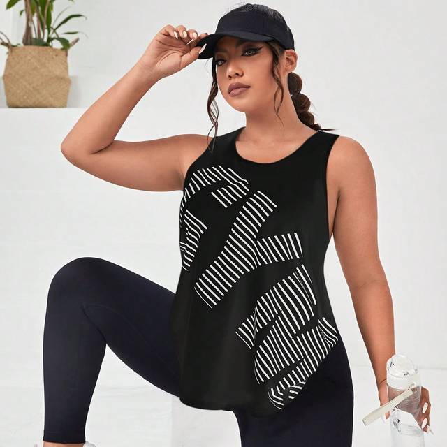 SHEIN Plus Letter & Striped Print Sports Tank Top