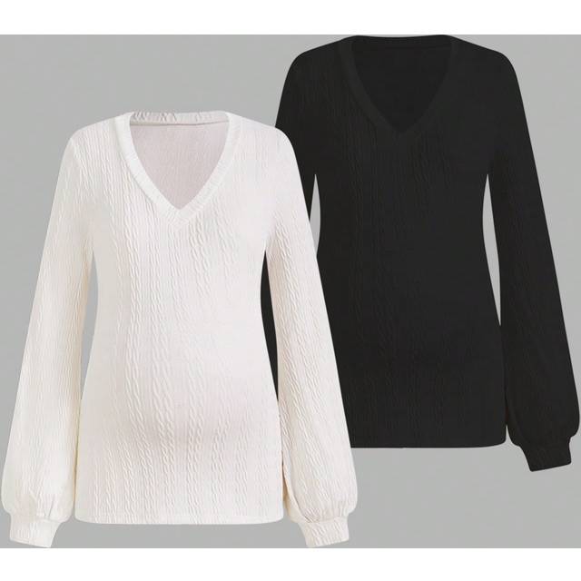 SHEIN Pregnant Women&#39;s Solid Color V-Neck Lantern Sleeve T-Shirt 2pcs/Set For Maternity